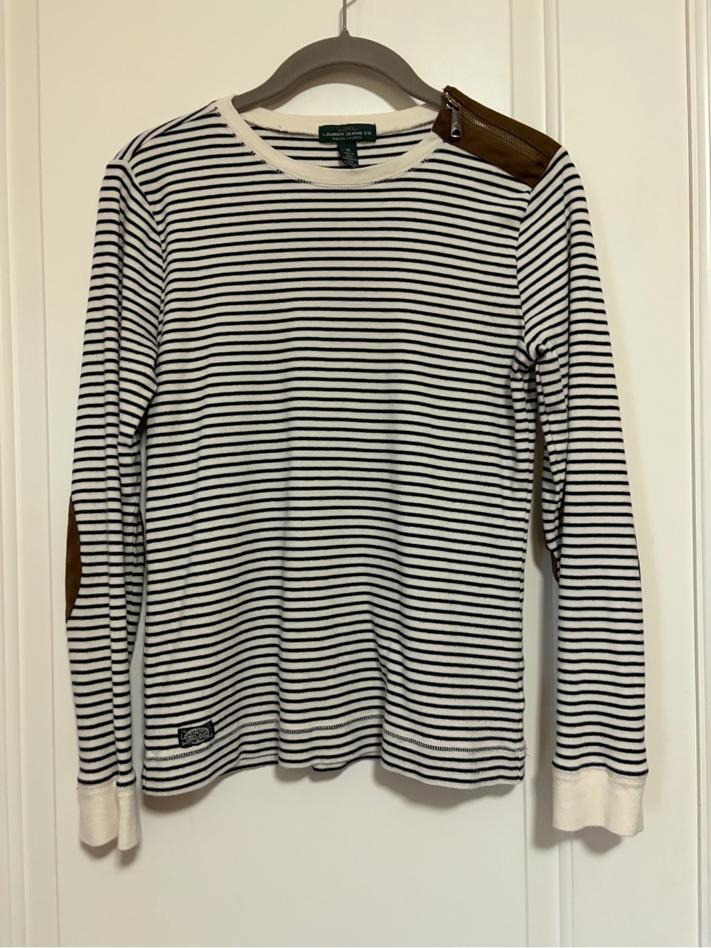 🐴🐎Striped Crewneck L/S with Brown Leather Accents by Ralph Lauren🐎🐴